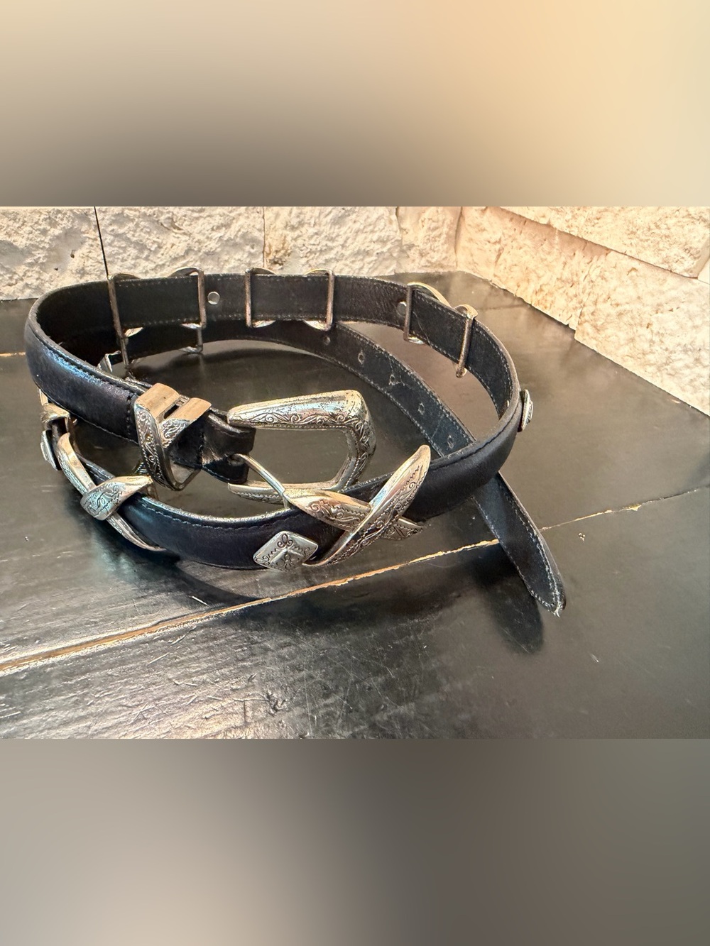 Brighton Black Concho Leather Belt Vintage Western Boho Country Americana Sz L